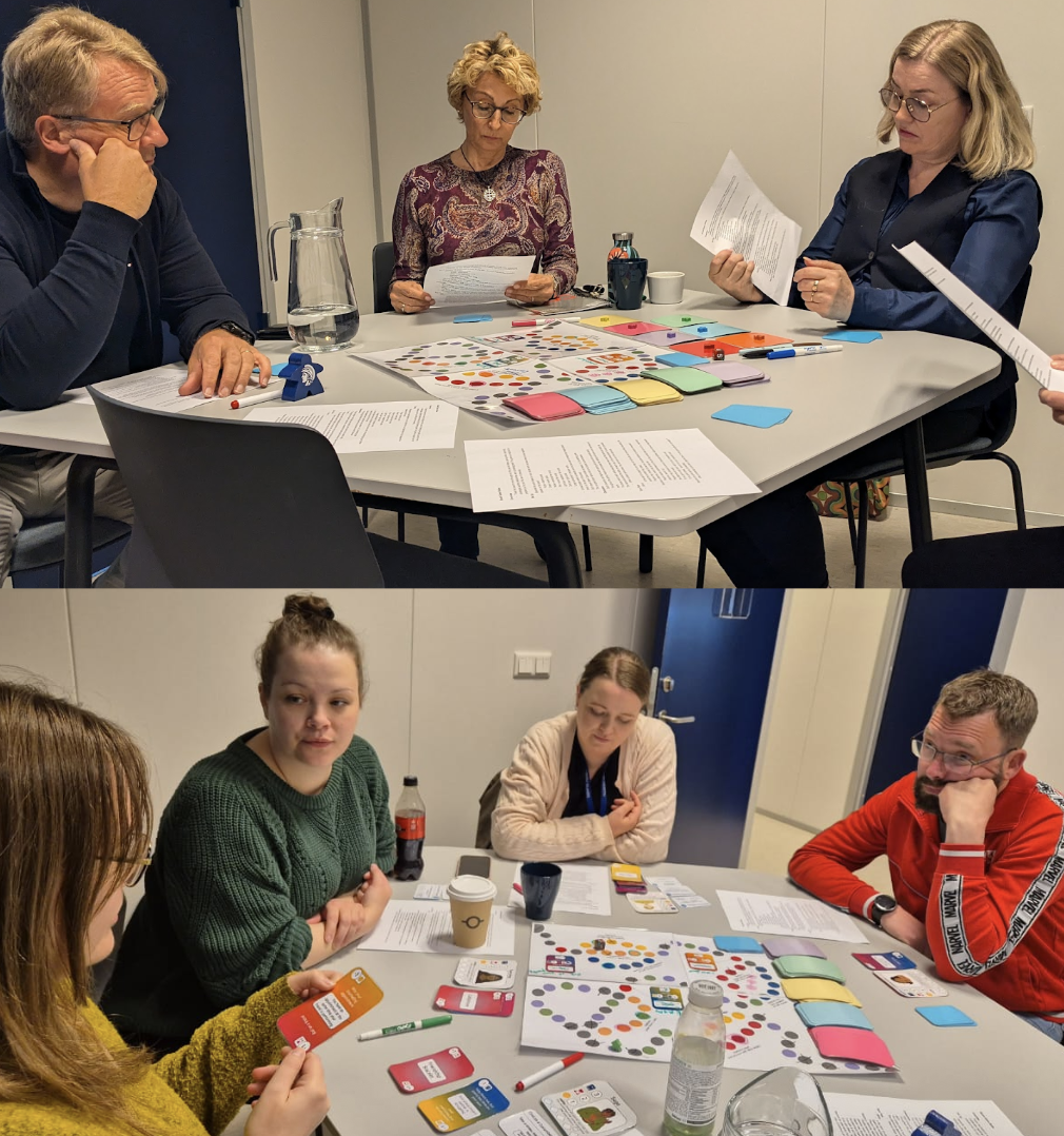 Two groups are pictured playtesting the game